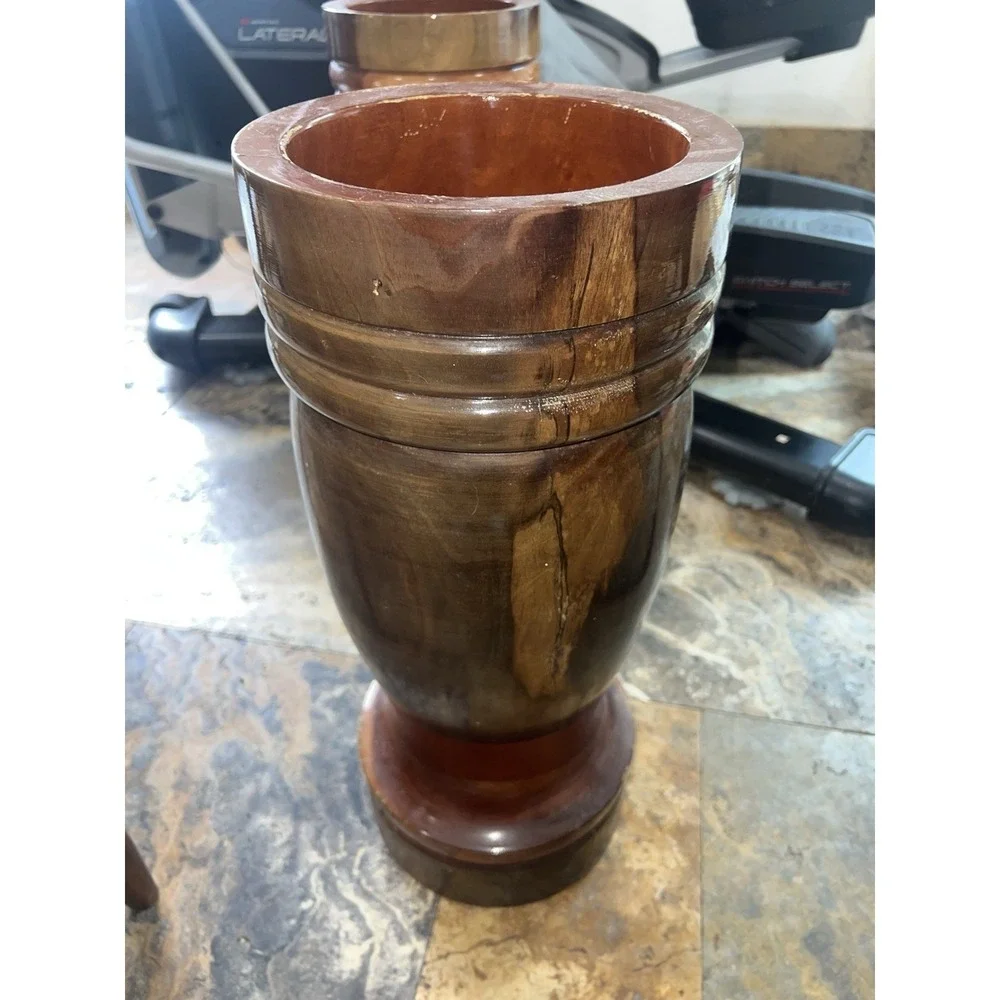 Handcrafted Turned Wooden Vase Urn Tall Brown Decorative Wood Vessel